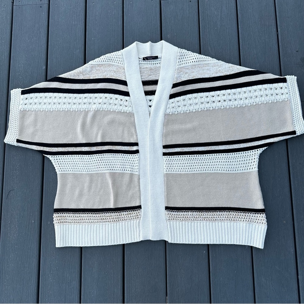 T Tahari‎ Black White and cream Open-Knit Cardigan Officecore